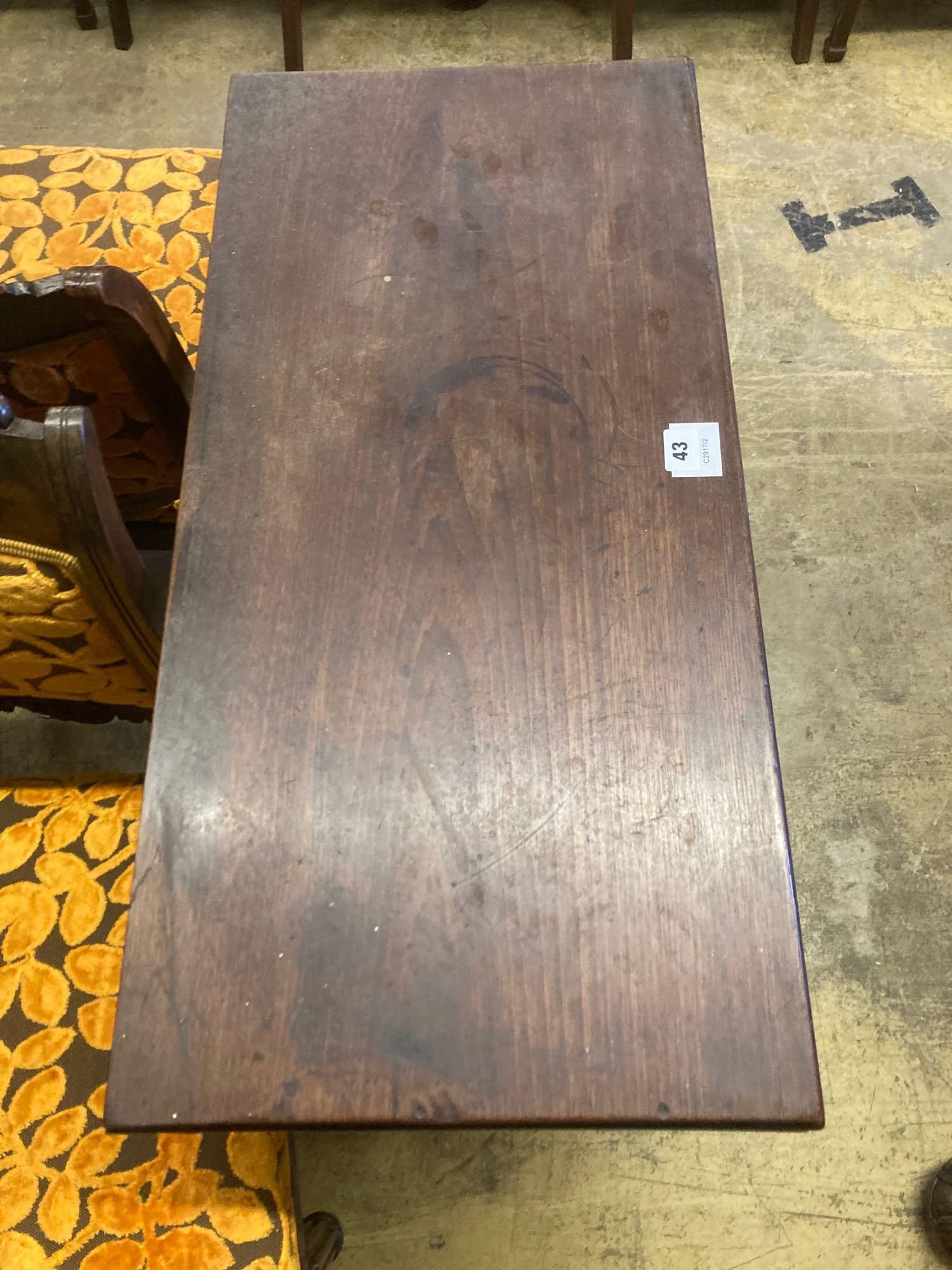 A mid 18th century mahogany folding top tea table, with frieze drawer, width 76cm